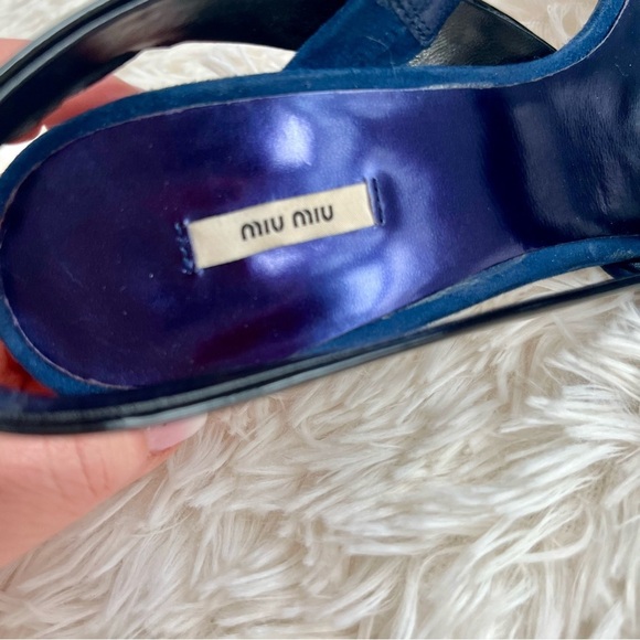 Miu Miu Navy Blue Suede Black Patent Leather Slingback Heels Sandals Size 9.5 - Picture 4 of 14